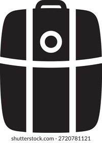 Simples preto e branco de uma mala com um emblema circular e correias símbolo de viagem de bagagem