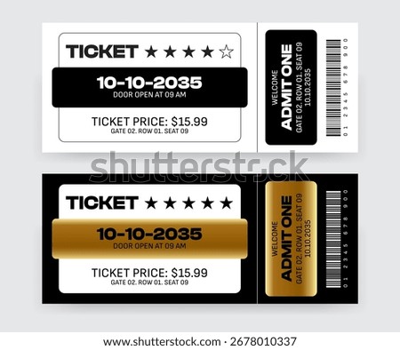 Black and White Simple tickets Design for Entry, Ticket for Event or Program Access, Retro ticket concert and festival event