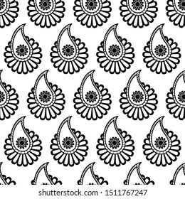 Black and white simple traditional oriental paisley floral seamless pattern, vector background