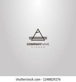 black and white simple triangle geometric vector line art outline logo of mountain and water waves