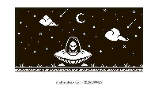 Black and white simple vector 1-bit pixel art illustration of landed flying saucer with an alien inside in retro platformer game style