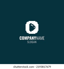 Black and white simple vector 1bit pixel art logo of play button for a video or audio multimedia player