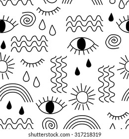 Black and white simple vector abstract seamless pattern with eyes, waves, sun, drops, rainbow. Seamless pattern for wallpapers, pattern fills, web backgrounds, surface textures, textile.