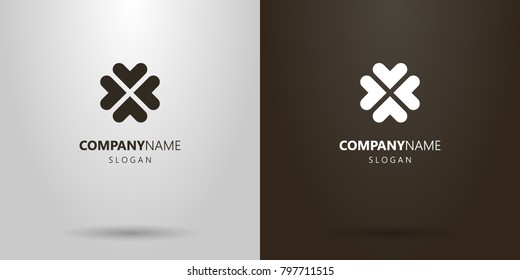 black and white simple vector abstract logo of four heart-shaped leaves flower