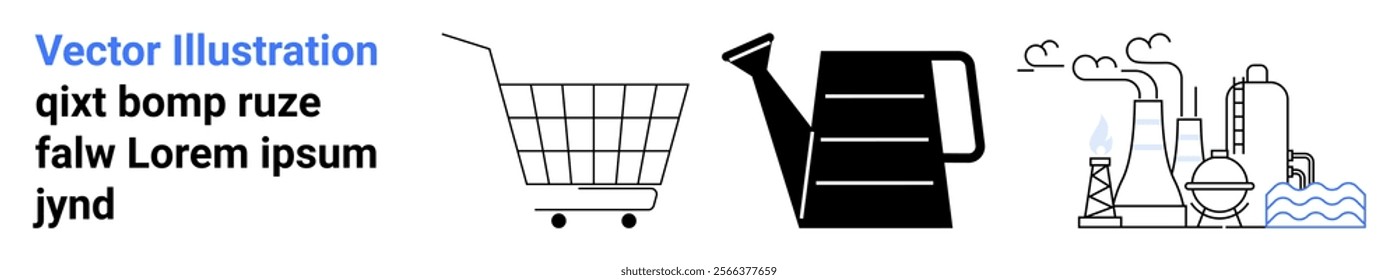 Black and white simple vector drawings of a shopping cart watering can and industrial factory. Ideal for ecommerce agriculture industry production and minimalistic designs. Landing page