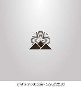black and white simple vector geometric sign of three mountains and round rays of the sun