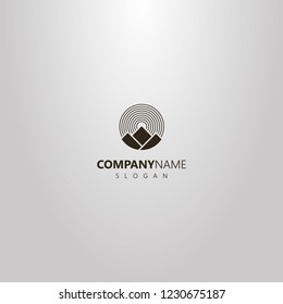 black and white simple vector geometric round logo of of three mountains and round rays of the sun