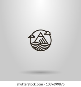 black and white simple vector geometric line art round sign of mountain with snow peak and clouds around