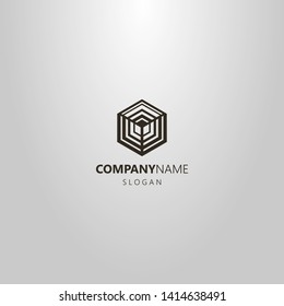 black and white simple vector geometric line art logo of the hexagon cubic structure