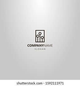 black and white simple vector geometric line art logo of three tree silhouettes in a rectangular frame