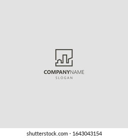 black and white simple vector geometric line art iconic logo of urban skyline in a square frame