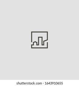 black and white simple vector geometric line art iconic sign of urban skyline in a square frame