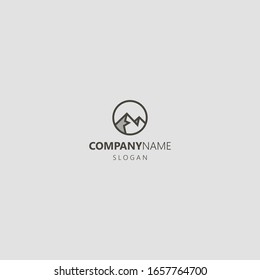 black and white simple vector geometric line art iconic logo of mountain peaks in a round frame 