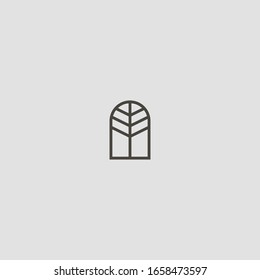 black and white simple vector geometric line art iconic sign of tree branches or windows in an arch-like frame