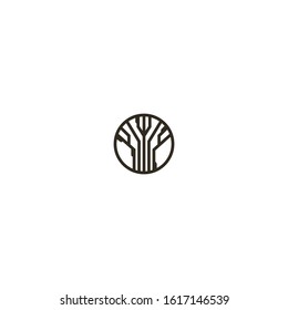 black and white simple vector iconic sign of cybernetic tree in a round frame