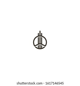 black and white simple vector iconic sign of a linear design of a high-rise building in a round frame
