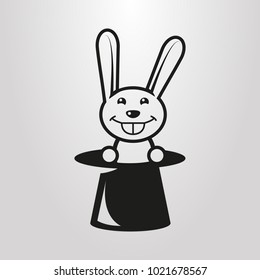 black and white simple vector illustration of a cute bunny in a hat for tricks