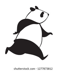 Black and white simple vector illustration of running panda on white background