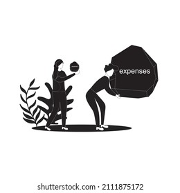 Black and White simple vector illustration of large expenses will be burdensome and small expenses will relieve. vector illustrations shown efficiency more better than not efficient. Black and White