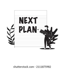 Black And White Simple Vector Illustration Of Planning Next Steps To Face The Upcoming Challenges And Win The Competitions. Black And White Concept Background Shown Next Plan Must Be Made.