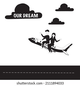Dibujo vectorial simple en blanco y negro de dos verdaderas parejas volando juntas para lograr sus sueños. El concepto blanco y negro como fondo de acción positiva persiguiendo un sueño. 