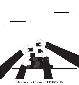 Black and White simple vector illustration of business team member arrange wooden cube block become sturdy tower together to improve team building. Teamwork concept Black and white design.