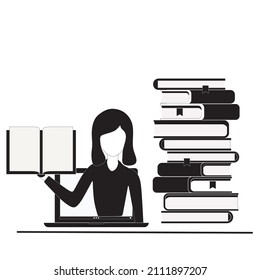 Black and White simple vector illustration of a female teacher is teaching, half of her body is out of laptop screen and beside her is a pile of books. internet class. Black and White concept