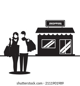 Black and White simple vector illustration of a young happy romantic couple holding paper bags while shopping together at the mall. Buying fashion and cosmetic concepts. Black and White concept