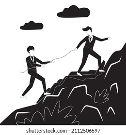 Black and White simple vector illustration of two men hiker helping each other on top of mountain. Teamwork hiking help each other trust assistance. Achievement goal Black and White concept