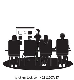 Black and White simple vector illustration of the young business manager giving a presentation to train apprentices at the office during the meeting. Job training Black and White concept