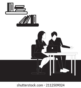 Black and White simple vector illustration of the young manager giving consultation sessions to her staff to execute their plan. Good Manager. Teamwork Black and White concept