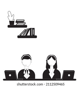Black and White simple vector illustration of young male and female call center workers sitting in front of the computer while talking to consumers. Customer service business Black and White concept