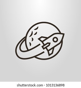 black and white simple vector line art symbol of a space rocket flying around the planet