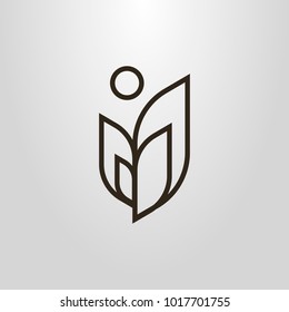 Black and white simple vector line art abstract symbol of plant and round sun
