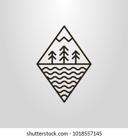 Black and white simple vector line art geometric symbol of forest mountain and water waves