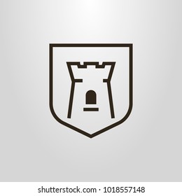 Black and white simple vector line art  symbol of castle tower on a shield frame