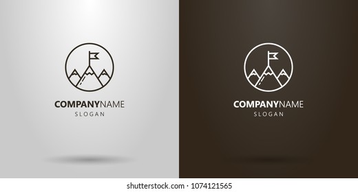 Black and white simple vector line art logo of mountains with flag on the top in a round frame