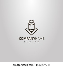 black and white simple vector line art logo of pencil on a rhombus sheet