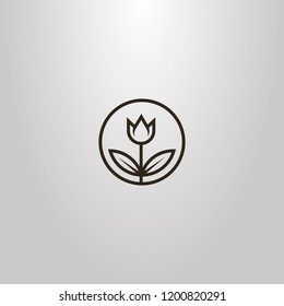 black and white simple vector line art tulip sign with leaves in a round frame