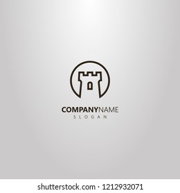 black and white simple vector line art logo of medieval castle tower in a round frame
