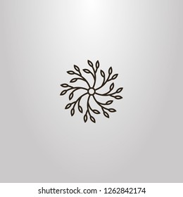 black and white simple vector line art sign branches of plants arranged in a circle