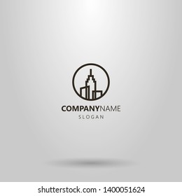 black and white simple vector line art logo of three high-rise buildings with a spire on the roof in a round frame