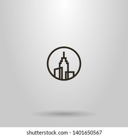 black and white simple vector line art sign of three high-rise buildings with a spire on the roof in a round frame