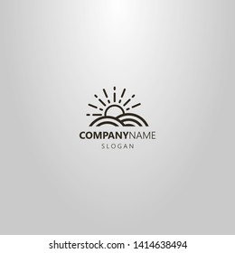 black and white simple vector line art logo of sun that rise above the land plot