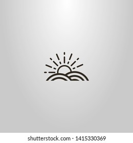 black and white simple vector line art sign of sun that rise above the land plot