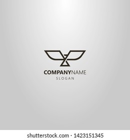 black and white simple vector line art geometric logo of an abstract bird with open wings
