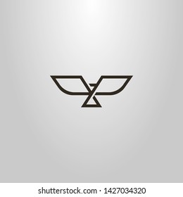 Black And White Simple Vector Line Art Geometric Sign Of An Abstract Bird With Open Wings