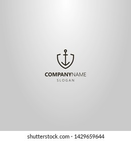 black and white simple vector line art geometric logo of iron anchor in shield shaped frame