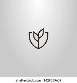 black and white simple vector line art geometric sign of plant with two leaves in a shield shaped frame