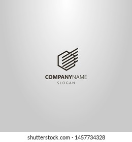 black and white simple vector line art modern logo hexagon with a linear abstract wing on it